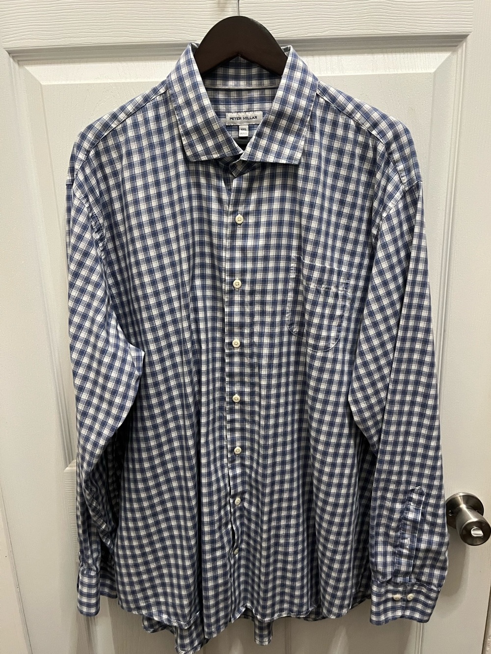 Peter Millar Blue and White Gingham Long-Sleeve Shirt